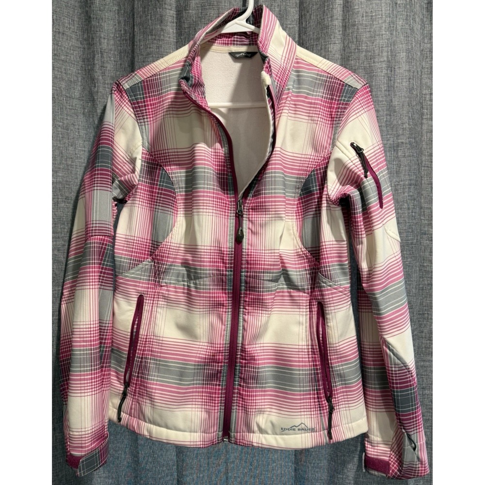 Women's Eddie Bauer Gray/Pink Plaid Zip Pocket Jacket Medium‎ Lightweight adjust